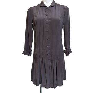 Reiss Silk Mini Shirt Dress 4 Charcoal Pintuck Dark Academia Modern Victorian